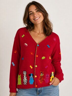 Vintage Dog Novelty Cardigan Sweater Embroidered Red 90s Medium